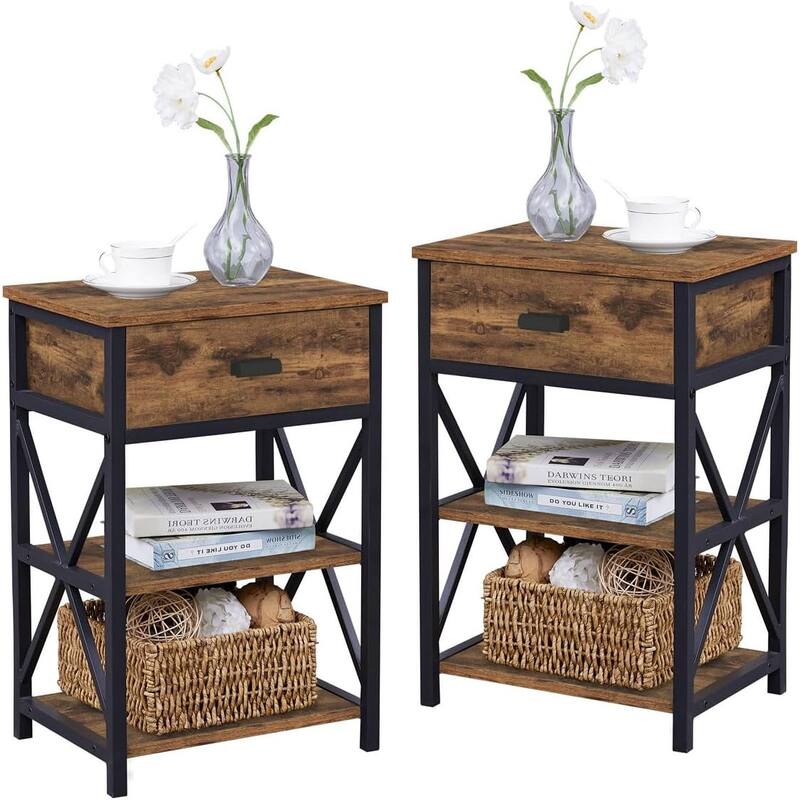 Industrial Rustic Side Table, Small Narrow Night Stand with Drawer 12.2